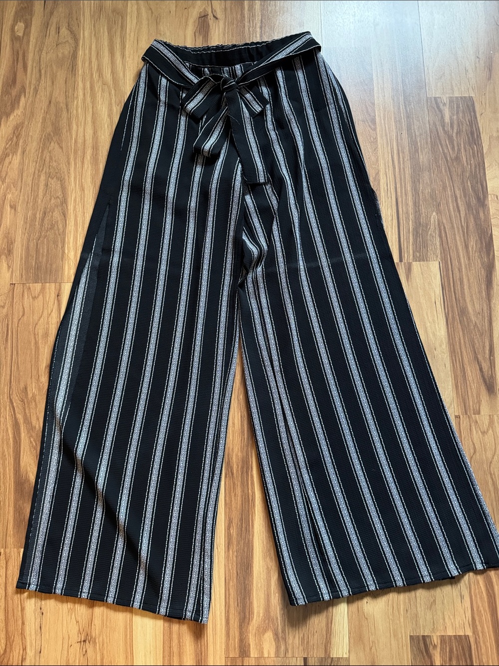 Blue Blush Black Wide-Leg Striped Pants with Waist Tie